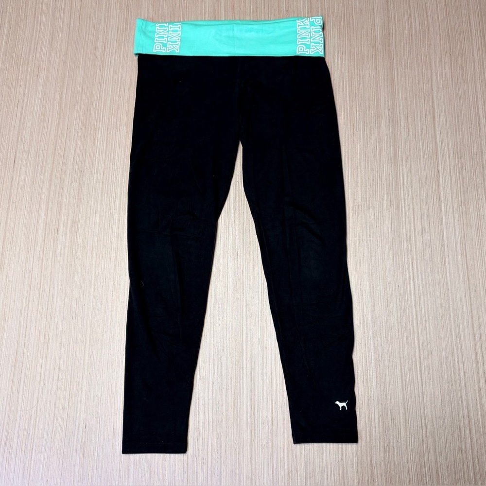 PINK Victoria Secret Y2k Yoga Leggings Pants Teal Foldover Black Women Large Dog